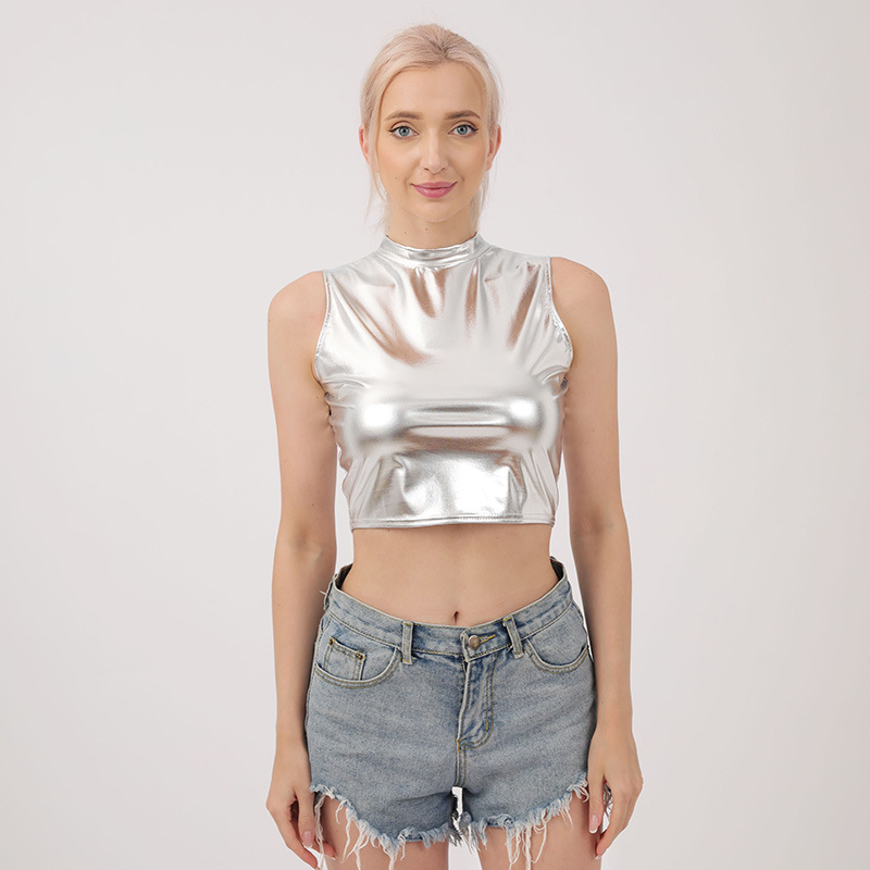 工厂现货  爆款 跨境欧美小高领无袖上衣夜店舞台表演服女装现货批发   衣服女装T恤女修身显瘦t恤女详情图3