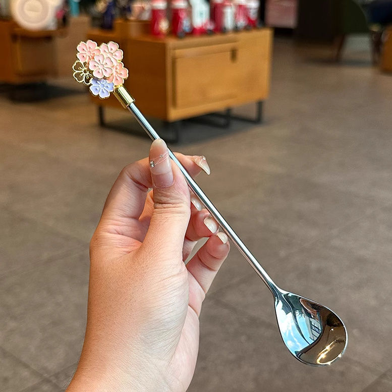 Cross-border 304 stainless steel spoon, Japanese cherry blossom spoon, exquisite dessert spoon, long-handled ice spoon, household bird's nest stirring spoon Specification drawing