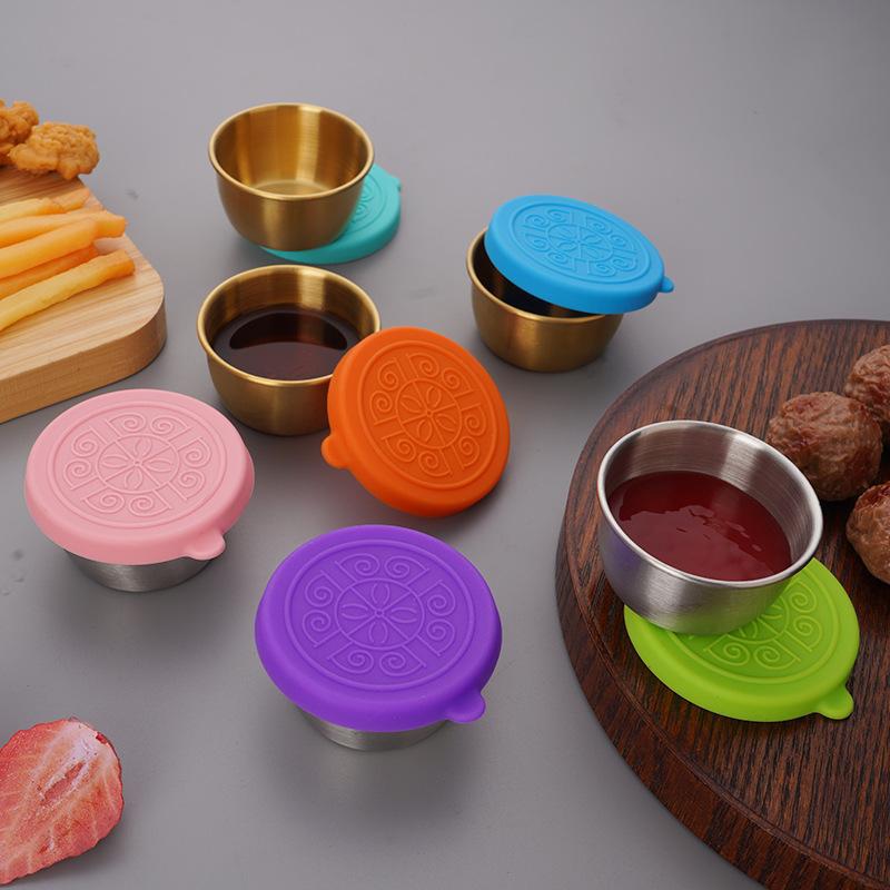 304 stainless steel dipping cup with silicone lid, steak sauce dish, sealed seasoning bowl, tomato sauce leak-proof sauce bowl Specification drawing