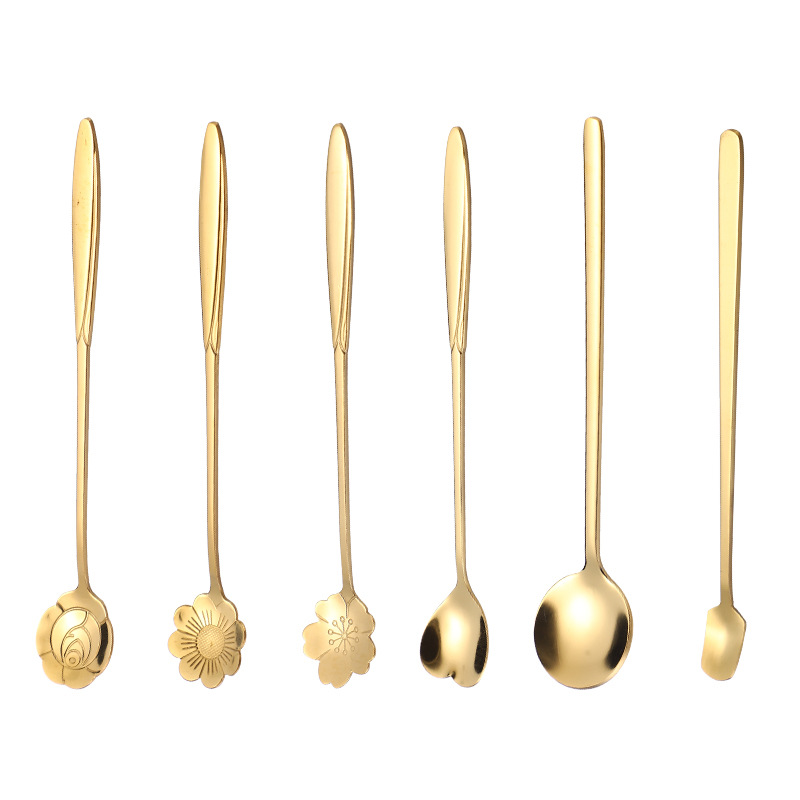 Stainless steel spoon, long-handled stirring spoon, ins cherry blossom spoon, rose spoon, titanium gold square head spoon, leaf spoon, three-toothed fork Item Picture