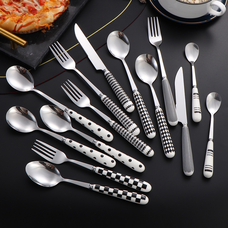 Stainless steel knives, forks and spoons, creative Herben-style tableware, ceramic handles, dessert spoons and forks, hotel Western cuisine knives, forks, spoons and forks details Picture