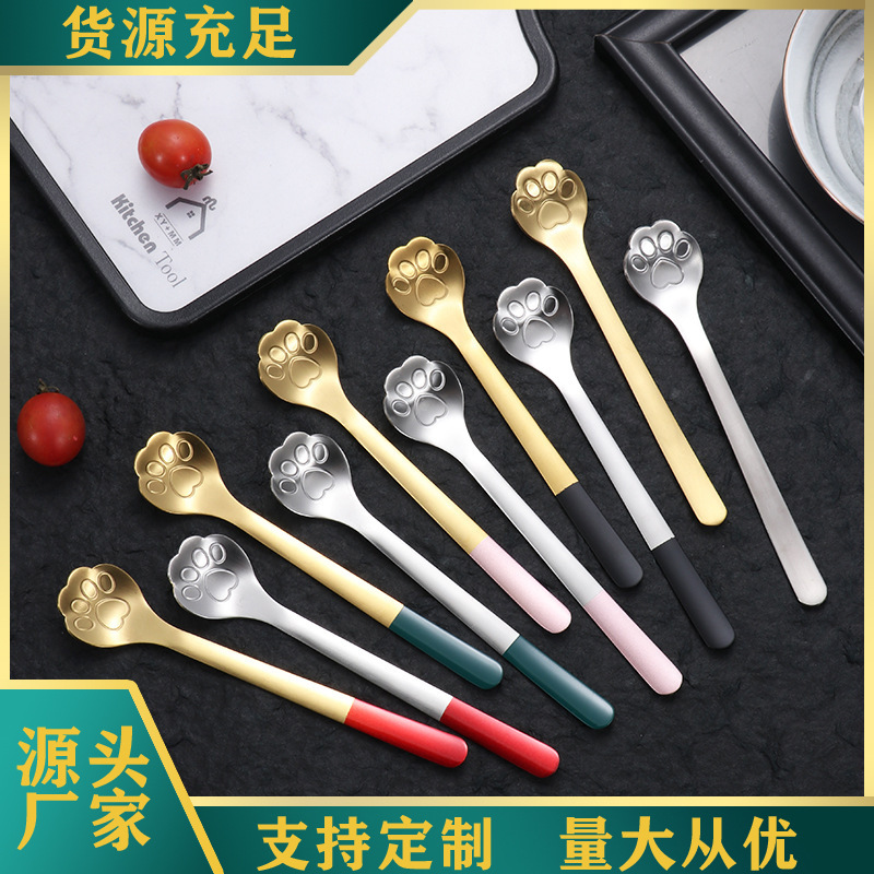 Cartoon cat paw spoon, 304 stainless steel spoon, coffee stirring spoon, ice cream dredger spoon, long-handled ice cream spoon, dessert spoon full figure