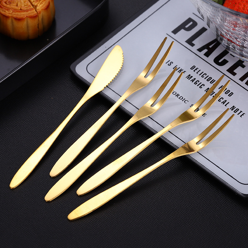 Stainless steel fruit fork set, two-toothed dessert cake small fork, gold-plated mooncake knife and fork, fruit fork custom logo full figure