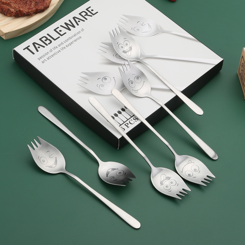 Cross-border stainless steel salad spoon, creative pasta spoon and fork integrated, household long-handled instant noodle spoon tableware, Western food fork details Picture