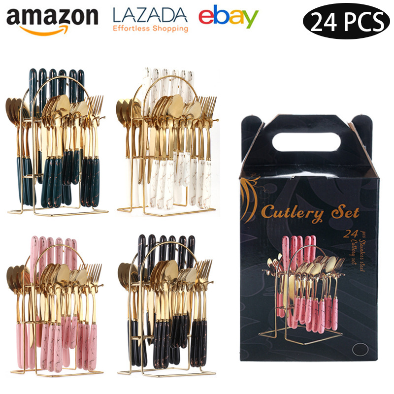 Cross-border stainless steel knives, forks and spoons, Nordic 24-piece set of tableware, marbled dessert spoons, steak knives and forks gift box set full figure