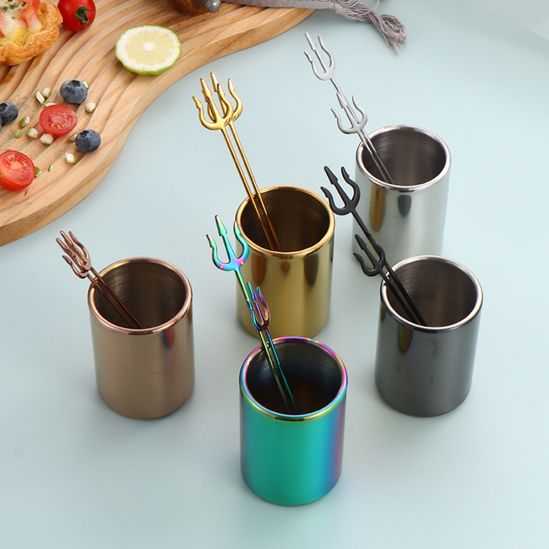 Creative fruit fork, 304 stainless steel dessert fork, fruit pick, Sea King fishfork, cake fork, toothed pick tube set Specification drawing