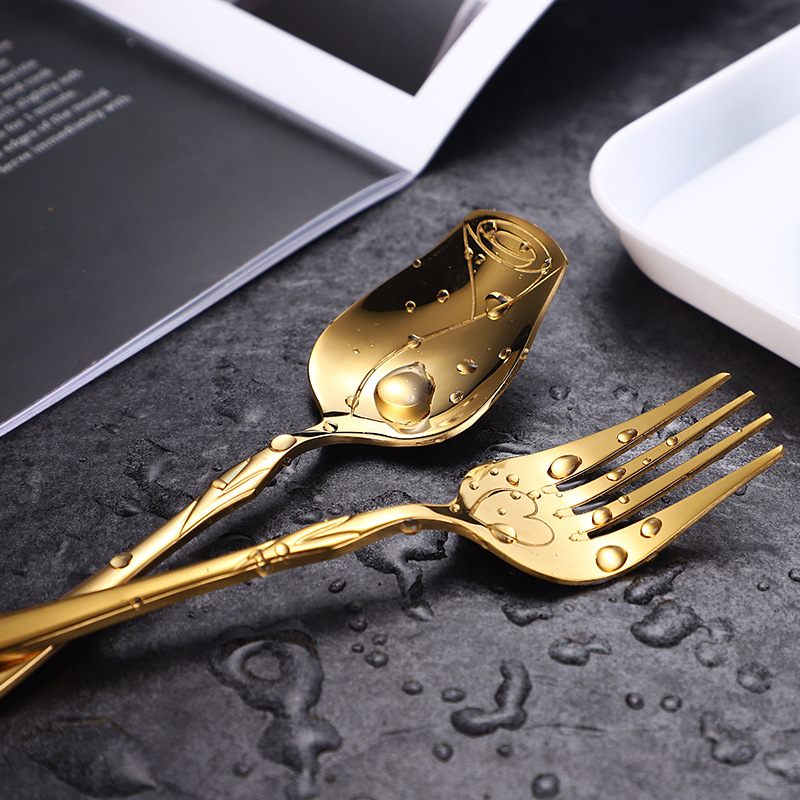 Stainless steel spoon, golden rose meal spoon, creative flower spoon, student lunch box meal spoon, portable spoon and fork gift set details Picture