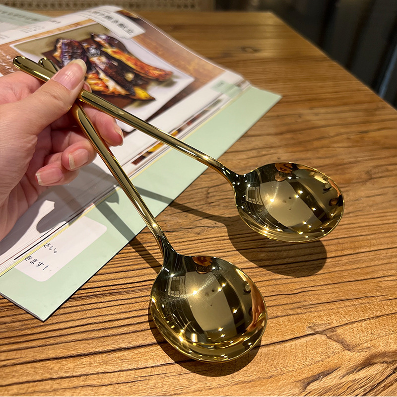 Stainless steel round head spoon, creative Korean-style large head spoon, Western long-handled spoon, eating spoon, thickened household soup spoon full figure