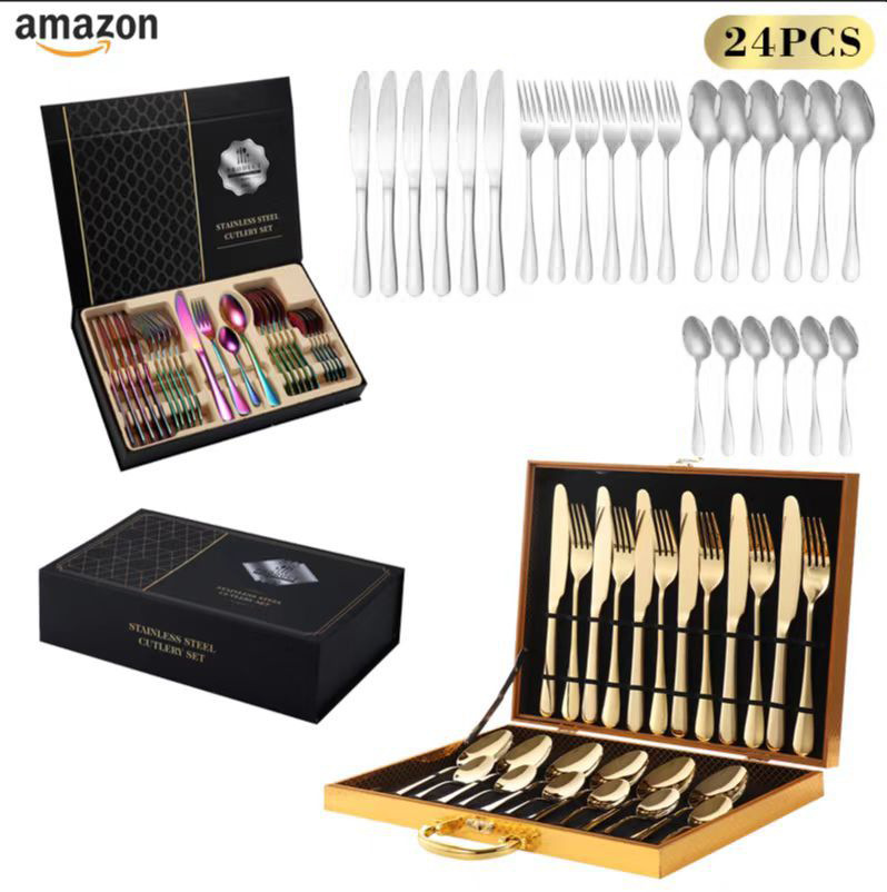 Cross-border Amazon 1010 Stainless steel tableware, steak knife, fork and spoon 24-piece set, dessert spoon family restaurant set details Picture