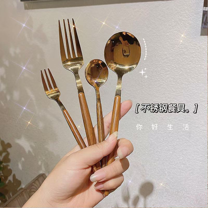 Stainless steel knives, forks and spoons with wooden handles, creative Portuguese tableware, Japanese and Western cuisine knives, forks, spoons, forks, steak knives and forks full figure