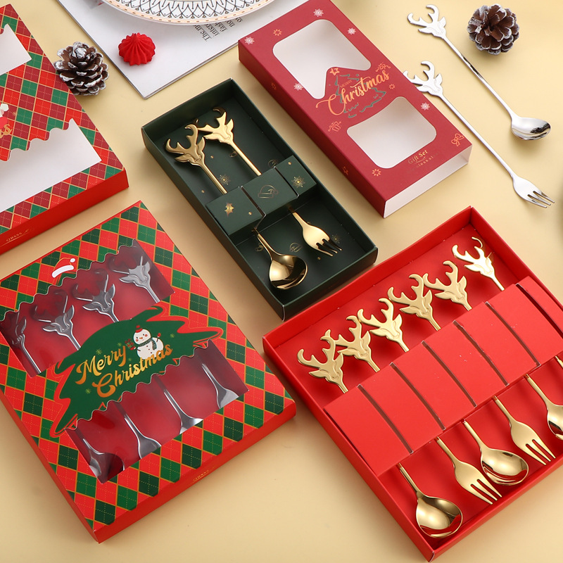 304 stainless steel spoons, Christmas tableware, reindeer head spoons and forks, coffee mixing spoons, fruit forks, Christmas gift box set full figure