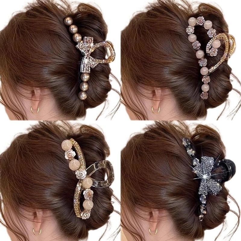 高级水钻珍珠蝴蝶结2025后脑勺大号发夹气质夹子鲨鱼头饰发卡闪闪抓夹
