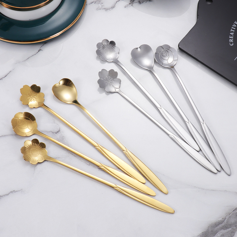 Stainless steel cherry blossom spoon, wedding rose spoon, long-handled heart-shaped spoon, coffee mixing spoon, souvenir, bird's nest and honey spoon Specification drawing