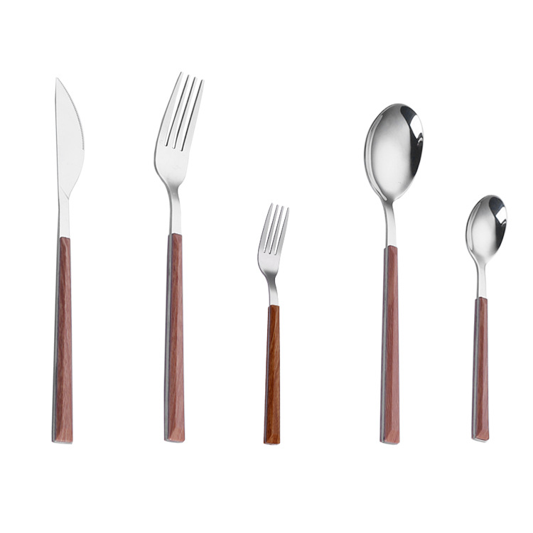 Japanese-style simple stainless steel tableware, creative wood-handled knives, forks and spoons, Western restaurant steak knives, fruit dessert forks Item Picture