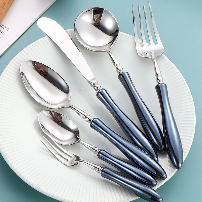 304 stainless steel knife, fork and spoon, small waist tableware, ceramic handle, table spoon, Western knife, dessert spoon, hotel steak knife and fork details Picture