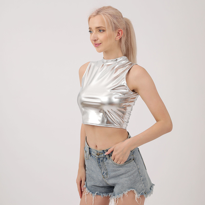 工厂现货  爆款 跨境欧美小高领无袖上衣夜店舞台表演服女装现货批发   衣服女装T恤女修身显瘦t恤女详情图4