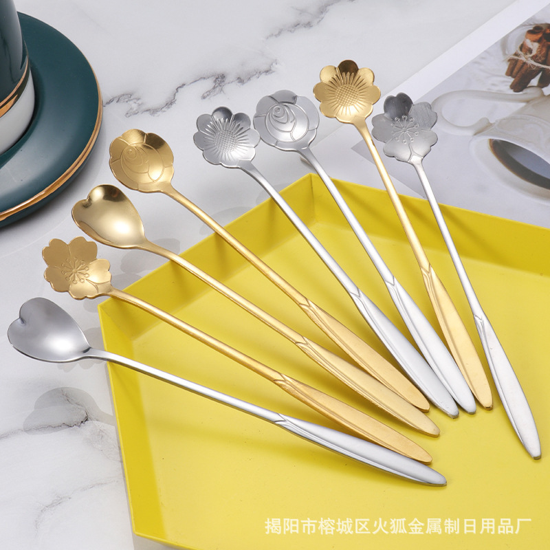 Stainless steel cherry blossom spoon, wedding rose spoon, long-handled heart-shaped spoon, coffee mixing spoon, souvenir, bird's nest and honey spoon details Picture