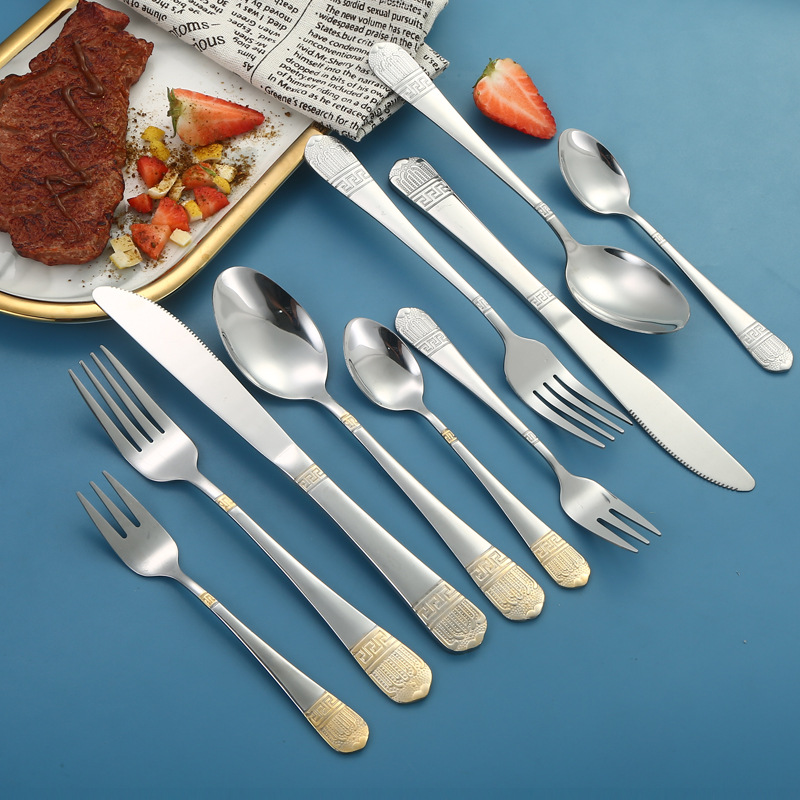Amazon stainless steel Crown 20-piece set, a popular retro gold-plated knife, fork, spoon, dessert spoon, restaurant steak knife in the Middle East Specification drawing