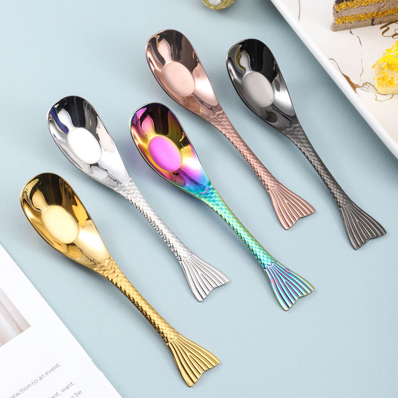 Creative 304 stainless steel spoon, fish tail treasure spoon, dessert spoon, household small soup spoon, children's spoon, spoon spoon full figure