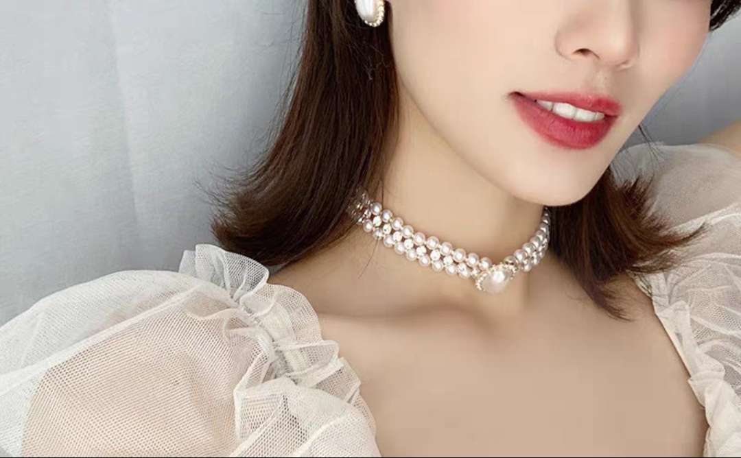 法式复古水钻珍珠项链新娘婚纱颈链旗袍礼服耳环配饰锁骨链