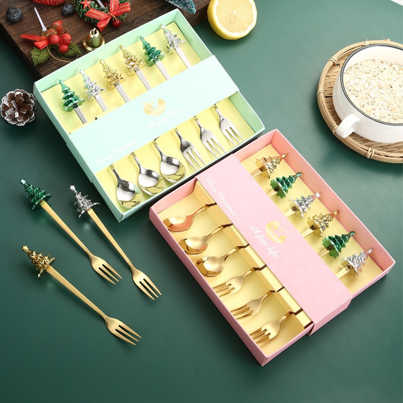 Creative Christmas tree tableware, coffee spoon, stainless steel spoon, fruit fork, dessert spoon, Christmas spoon and fork gift box set details Picture