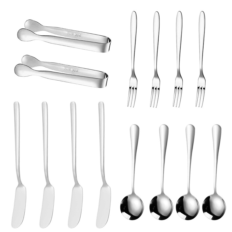 Amazon stainless steel cheese knife, butter spread knife, 14-piece set, butter knife, ice clip set, coffee spoon, sugar cube clip Item Picture