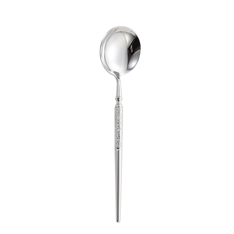 304 stainless steel tableware, cross-border knives, forks and spoons, high-end Western tableware, round spoons, dessert spoons and forks, hotel steak knives and forks Item Picture