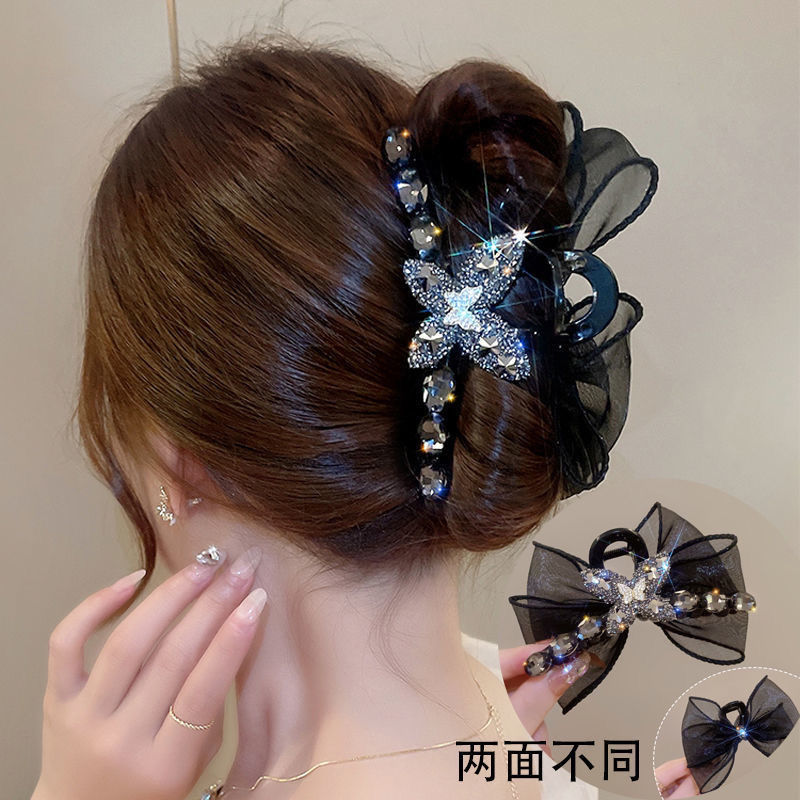 Organza bow diamond-encrusted grabber, large and elegant shark clip, high-end hair clip, women's back head clip, new hair clip detail image 5