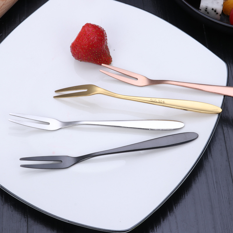 304 stainless steel tableware, fruit forks, fashionable fruit skewers, two-toothed fork sets, cake and mooncake forks with logos details Picture