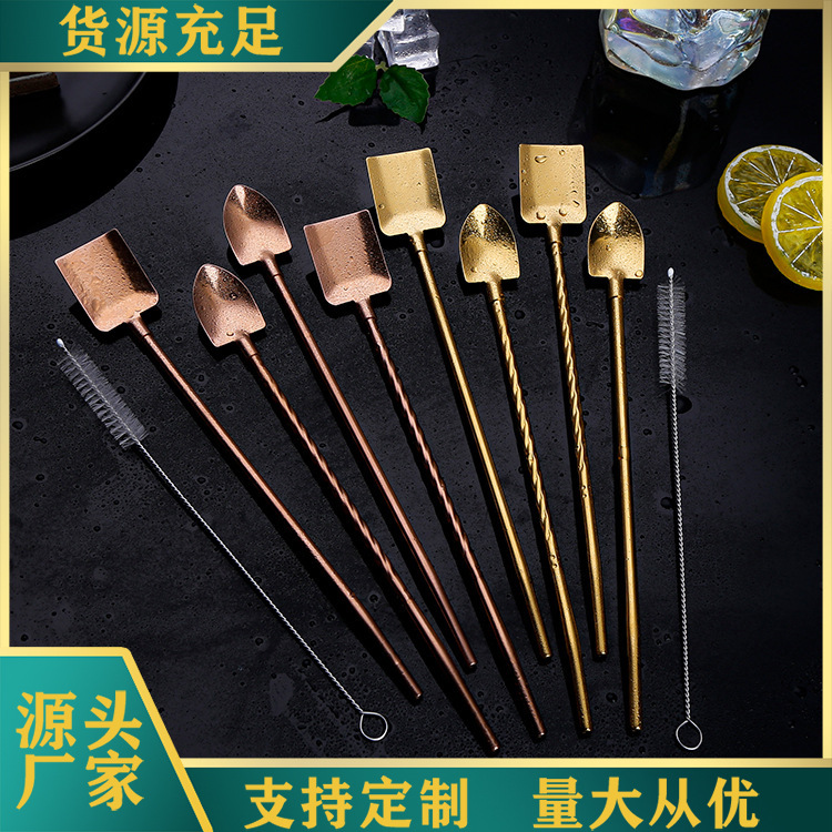 304 stainless steel straw spoon, creative long-handled watermelon spatula, threaded straw spoon, beverage and coffee stirring spoon full figure