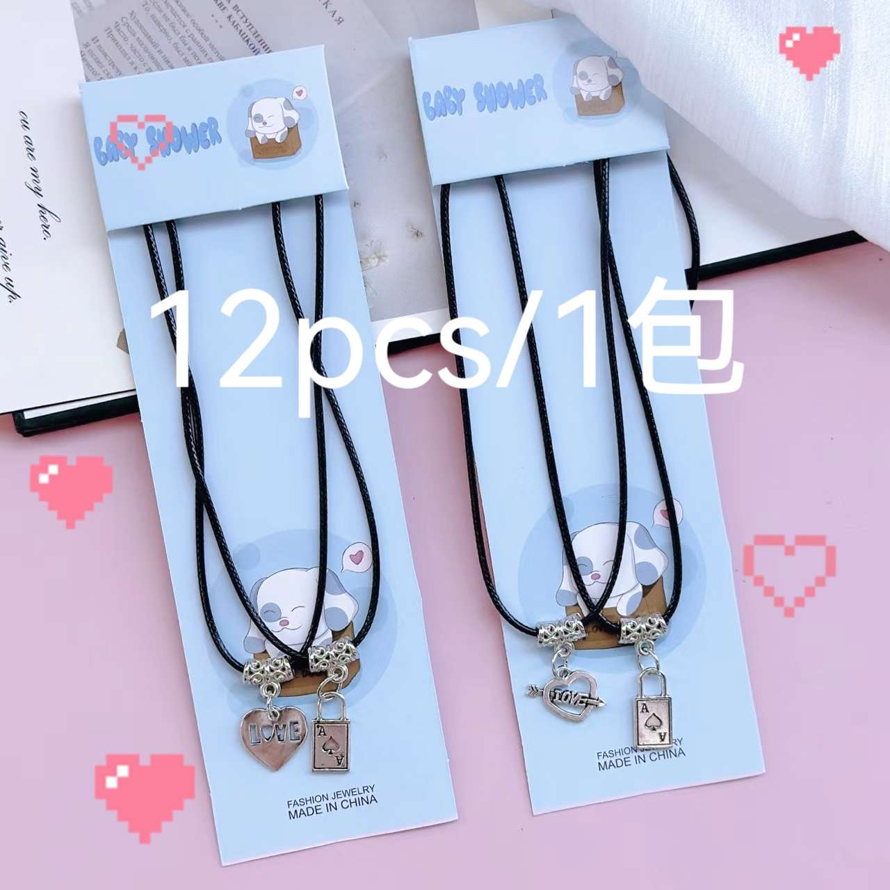 12 pieces per pack of alloy couple necklaces, simple, easy to match, trendy style, fashionable, suitable for gifting, suitable for students to wear, made of leather rope. (Mixed) necklace detail image 3