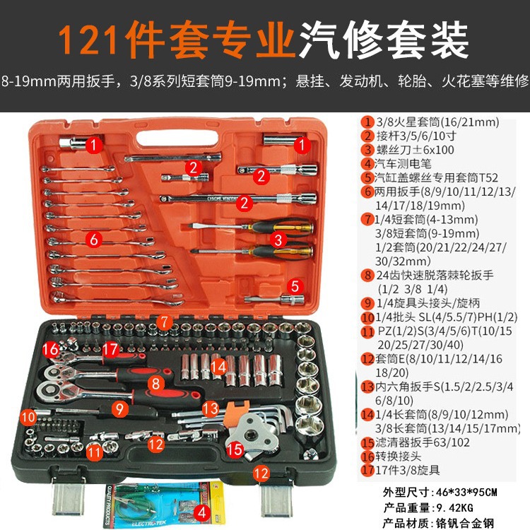 121-piece auto repair tool set, auto maintenance sleeve tool, screwdriver tool set, large, medium and small flying combination sleeves Application Scenario