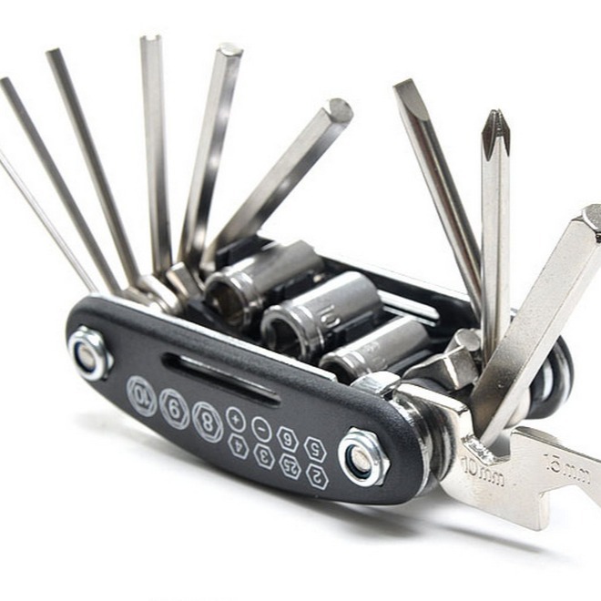 Bicycle repair combination tool 16-in-one screwdriver set, multi-functional folding bike repair and tire patching wrench set Specification drawing