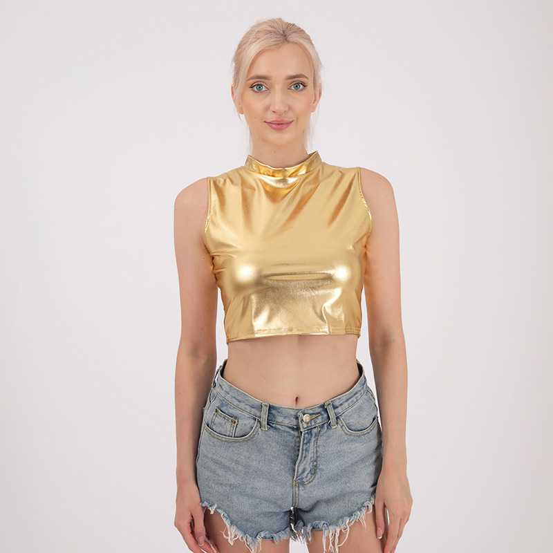 工厂现货  爆款 跨境欧美小高领无袖上衣夜店舞台表演服女装现货批发   衣服女装T恤女修身显瘦t恤女详情图5