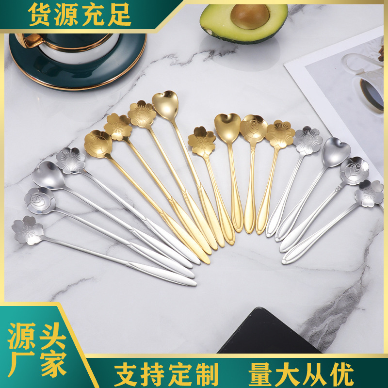 Stainless steel cherry blossom spoon, wedding rose spoon, long-handled heart-shaped spoon, coffee mixing spoon, souvenir, bird's nest and honey spoon full figure