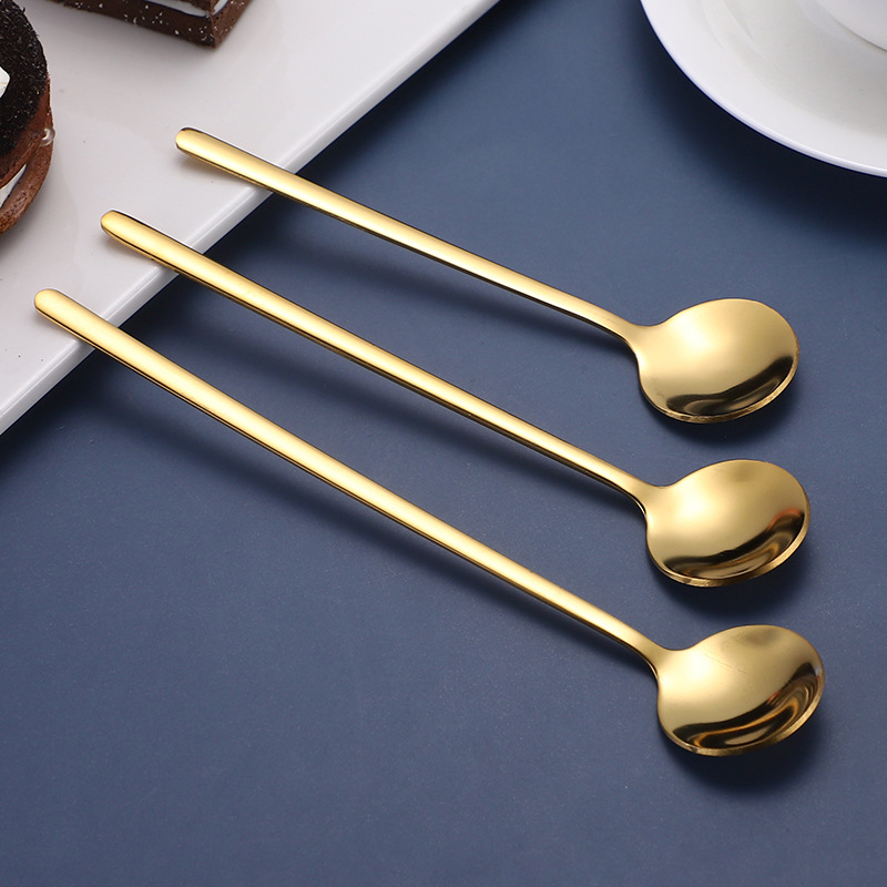 Stainless steel spoon, long-handled stirring spoon, ins cherry blossom spoon, rose spoon, titanium gold square head spoon, leaf spoon, three-toothed fork Specification drawing