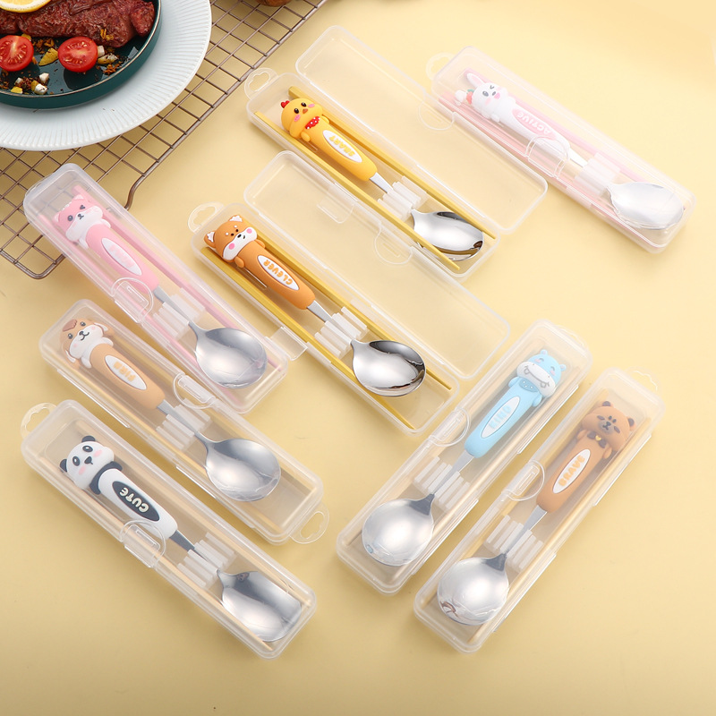 Children's portable tableware 304 stainless steel spoons, cartoon and cute spoons and chopsticks, home baby eating spoons and plates set full figure