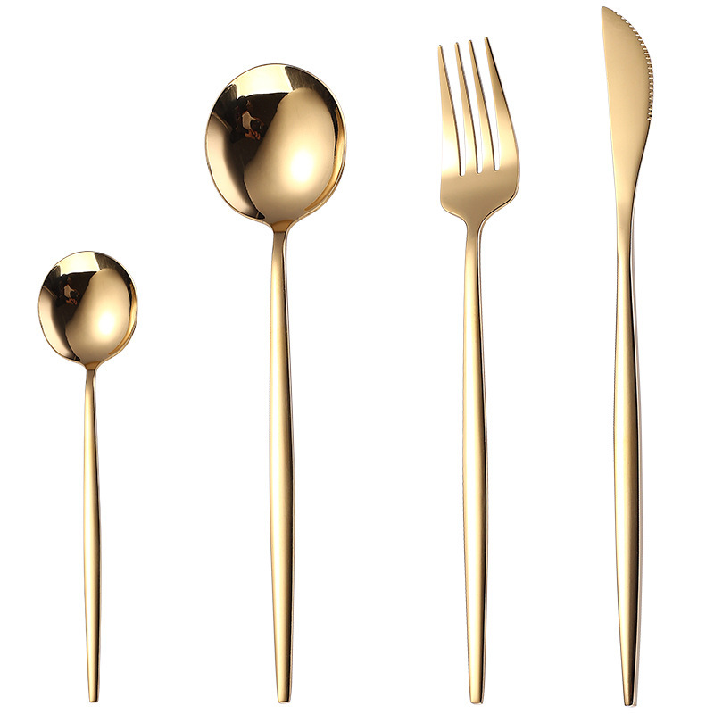 Stainless steel knife, fork and spoon flat Portuguese four-piece dessert spoon, household spoon and fork, hotel Western cuisine steak knife Item Picture