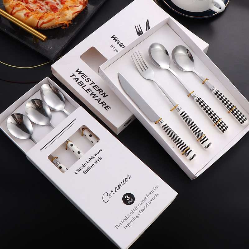 Stainless steel knives, forks and spoons, creative Herben-style tableware, ceramic handles, dessert spoons and forks, hotel Western cuisine knives, forks, spoons and forks Specification drawing