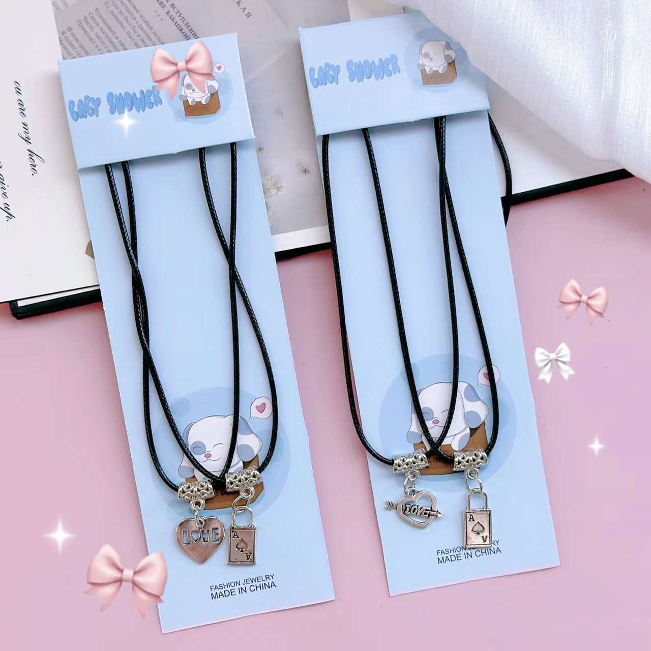 12 pieces per pack of alloy couple necklaces, simple, easy to match, trendy style, fashionable, suitable for gifting, suitable for students to wear, made of leather rope. (Mixed) necklace detail image 4