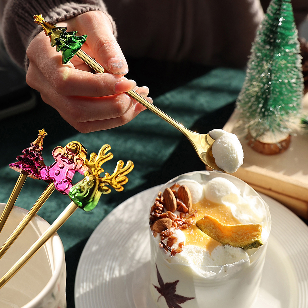 Cross-border Christmas tableware: Colorful stainless steel spoons, cartoon Christmas spoons and forks, stainless steel dessert forks, gift set Specification drawing