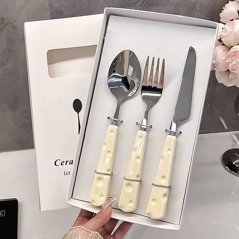 Light luxury ins knife, fork and spoon three-piece set, cute cheese dessert spoon and fork, Western tableware, stainless steel steak knife and fork full figure