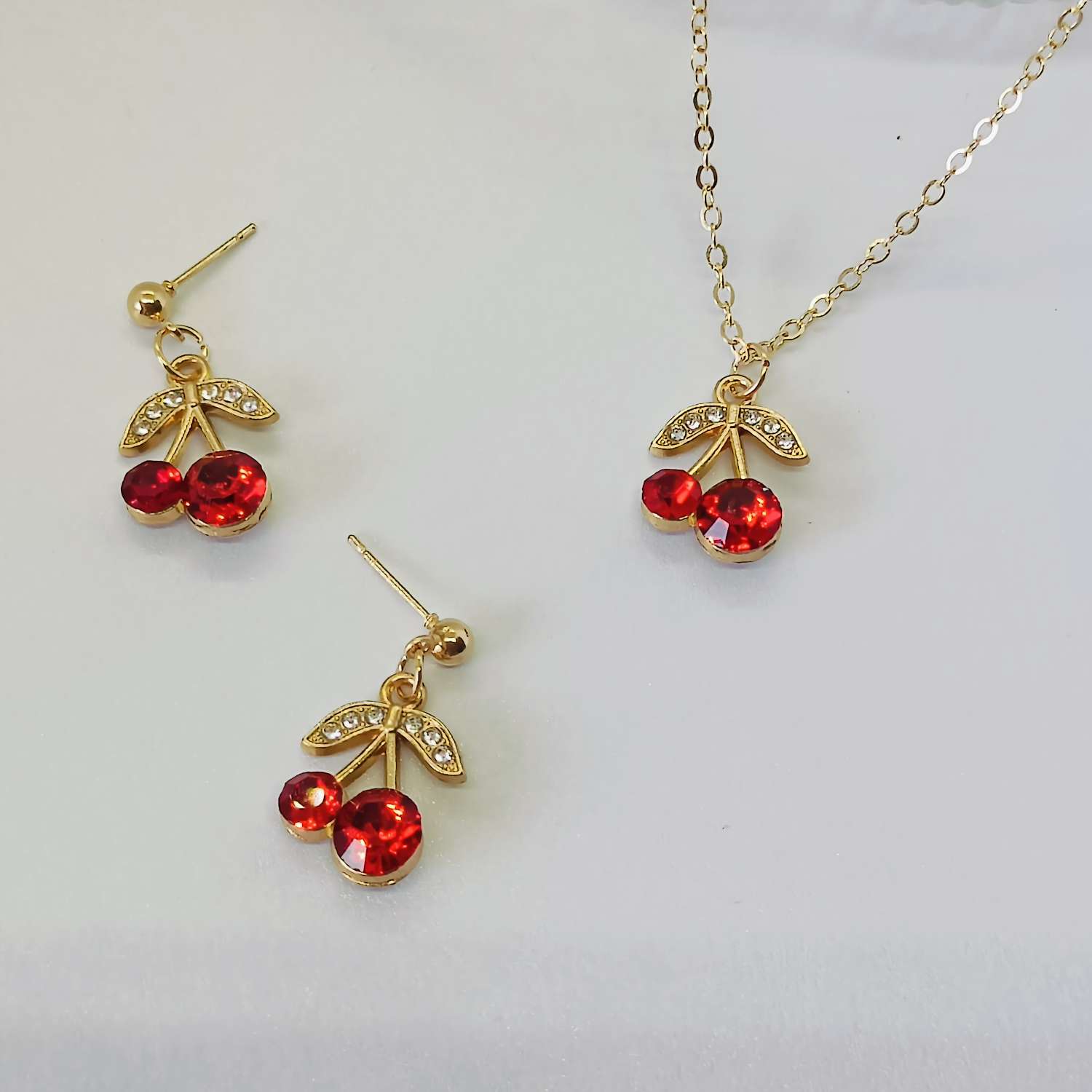 Fashionable, exquisite and trendy accessories: Cherry earrings, necklace set, oil-dripping, simple ear needles, earrings, and other feminine and versatile trendy items details Picture