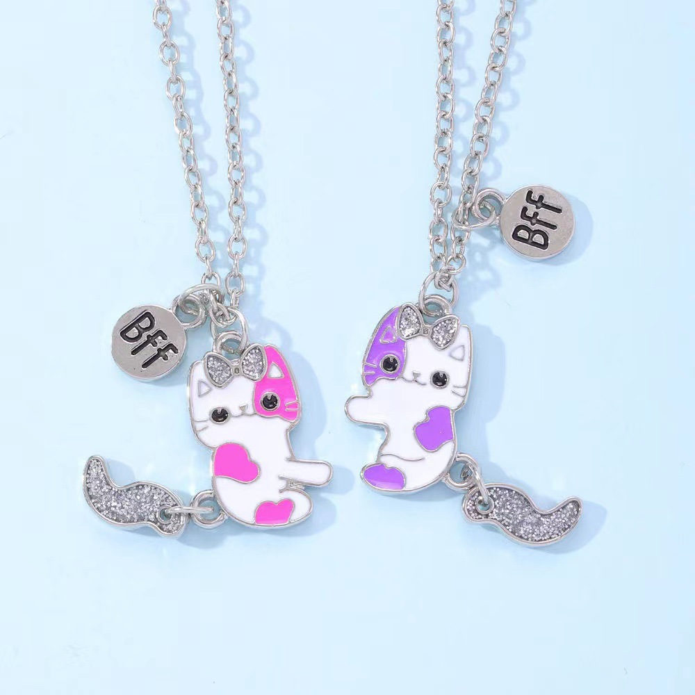 Cross-border European and American children's accessories: Cute cat BFF Good Friend necklace, sweet oil-dripping kitten necklace, 2-piece set Specification image