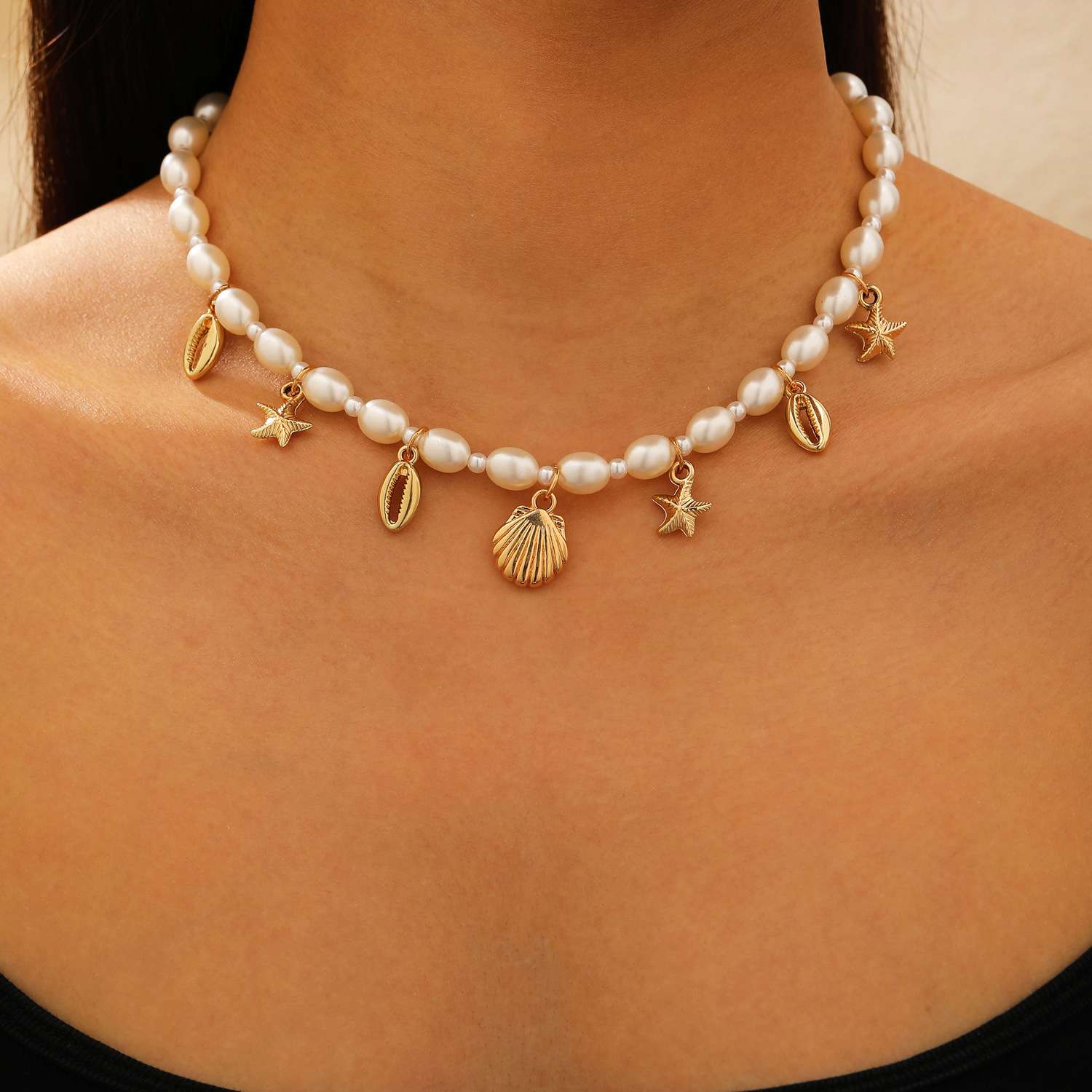 欧美波西米亚度假风海星海螺贝壳吊坠仿珍珠串珠可调节沙滩项链女 不锈钢项链细节图