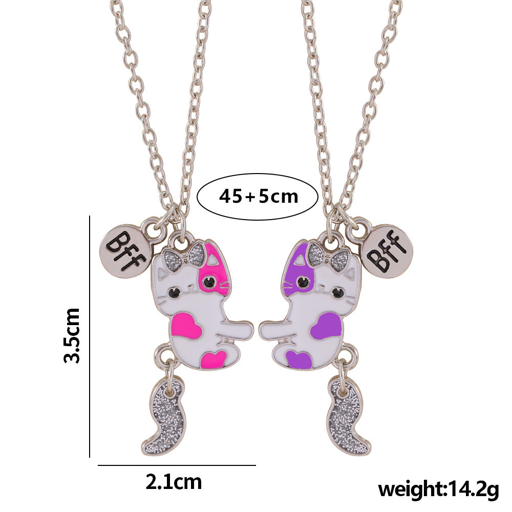 Cross-border European and American children's accessories: Cute cat BFF Good Friend necklace, sweet oil-dripping kitten necklace, 2-piece set details Picture