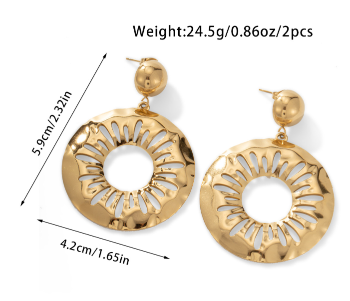 跨境专供夸张耳环高级感金色不锈钢圆形镂空耳环法式复古厂家直发INS 潮流