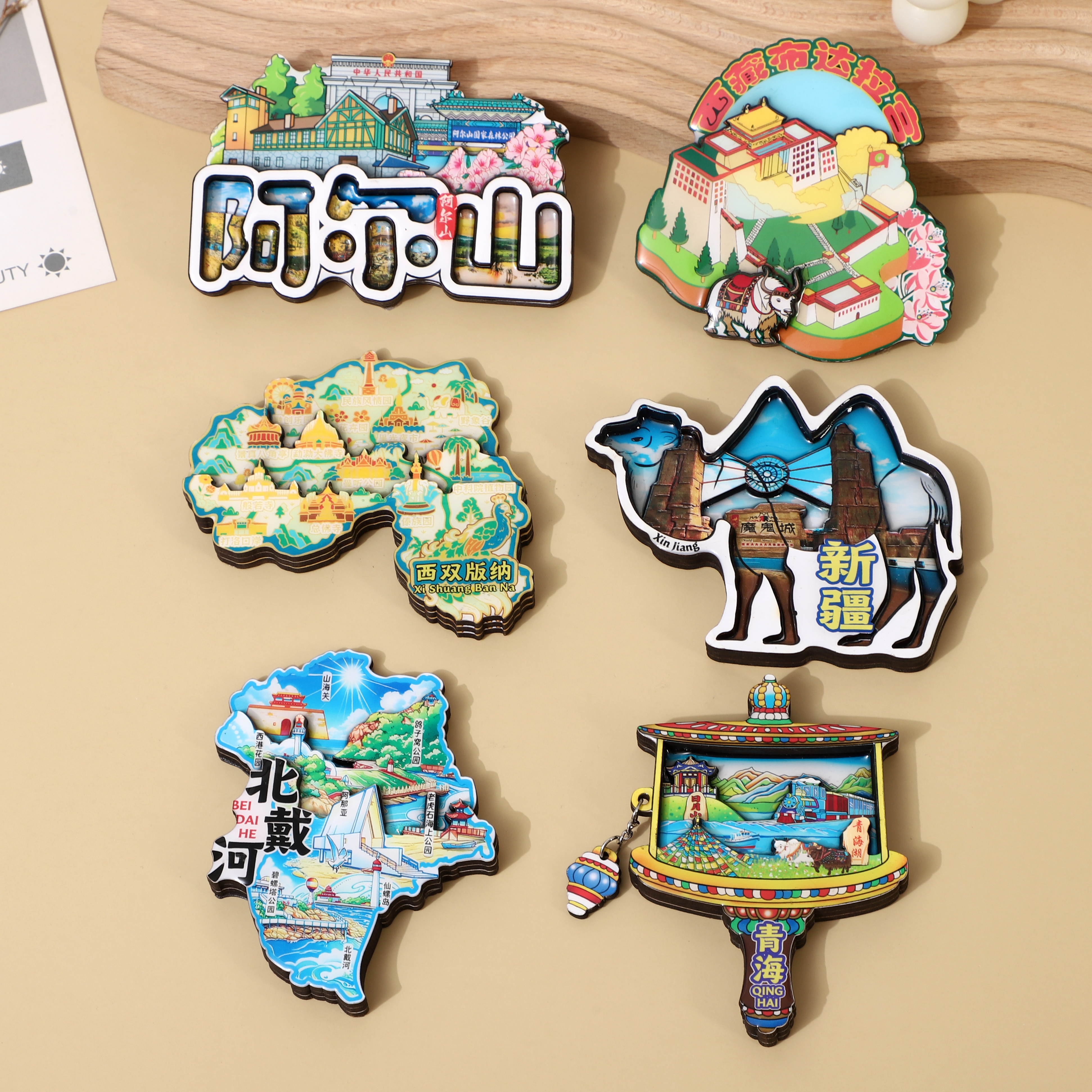 Ciudad refrigerador de madera pegamento personalizado wenchuang mapa qinghai tibet beidai río xishuangbanna recuerdos de viaje