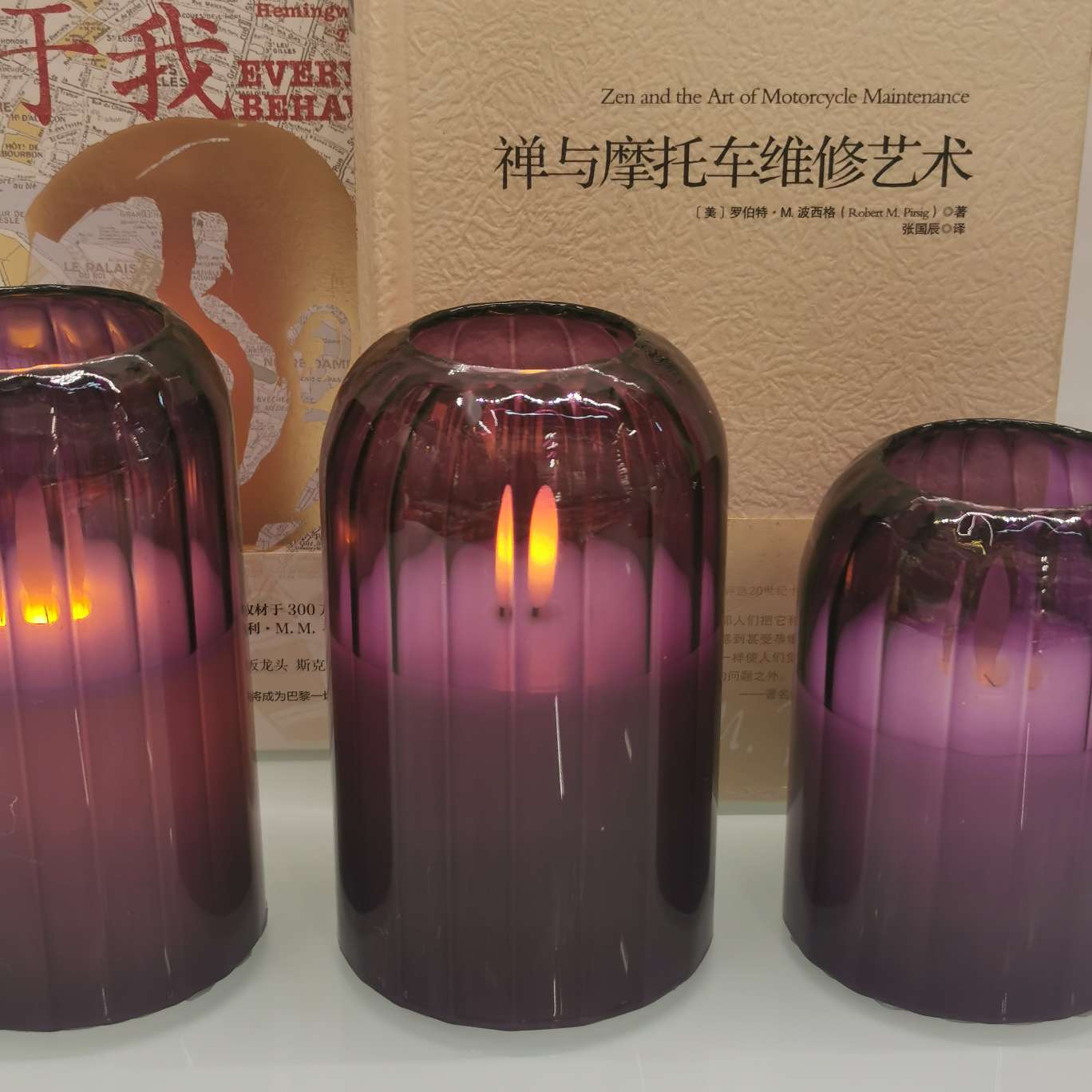 凹头条纹摇摆紫色玻璃杯蜡LED电子蜡烛灯