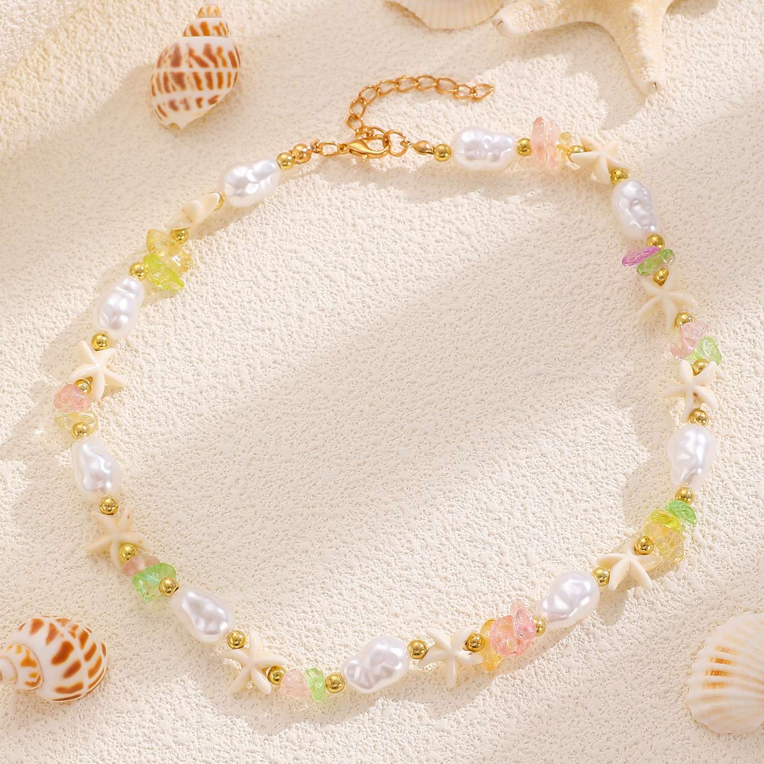 欧美波西米亚度假风海星海螺贝壳吊坠仿珍珠串珠可调节沙滩项链女 不锈钢项链详情图4